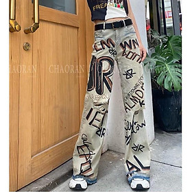 Quần Jean Ống Đứng Rách Gối In Chữ Graffiti Cá Tính Hợp Thời Trang