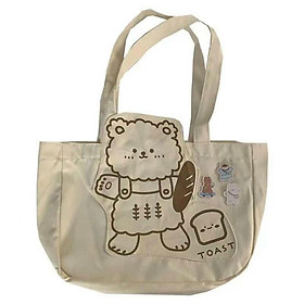 Túi vải canvas, túi tote đeo vai cỡ lớn hình con gấu bánh mì có khóa kéo và túi con