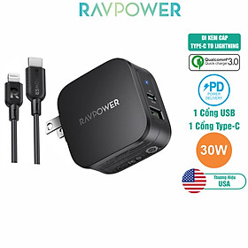 Mua Bộ Củ Sạc Nhanh 30W PD 3.0  2 Cổng Sạc Và Cáp Type-C To Light.ning Dài 1m Chứng Nhận MFI RAVPower RP-PC144 Dành Cho iPhone  Cho iPad - Hàng Chính Hãng