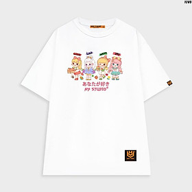 Áo thun tay lỡ phom rộng unisex trẻ trung in hình 4 bé gái cute Good Luck Happy Day