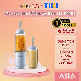 Máy xay sinh tố cầm tay Bear LLJ-D04B1, 2 cốc dung tích 350ml, lưỡi dao kép 2 tầng, xay đá được - HÀNG CHÍNH HÃNG - Xanh Da Trời 