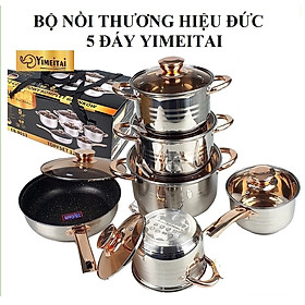Bộ nồi Đức 5 đáy Yimeitai 6 món lắp hợp kim vàng - dùng cho mọi loại bếp điện, bếp từ, bếp ga, bếp hồng ngoại