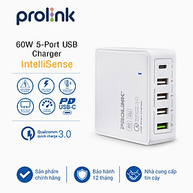 Củ sạc nhanh 5 cổng 60W PROLiNK PDC56001 (1x USB Type-C PD / 1x QC3.0 / 3x USB Type-A)- Hàng chính hãng