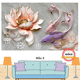 Mua Tranh 3d dán tường trang trí phòng khách- tranh cửa ngư cá hoa sen- ép kim sa- Huyền Chi- Đặt theo kích thước yêu cầu