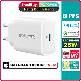 Adapter Củ Sạc Nhanh Đến 25W Type C PPS PD 3.0 QC 3.0 RAVPower RP-PC156 Dành Cho Điện Thoại Samsung, iPhone, iPad - Hàng Chính Hãng