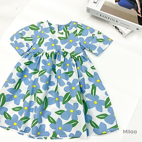 Đầm Bé Gái Hoạ Tiết Bông Hoa Xanh Chất Mềm Mịn MiLaa Kids