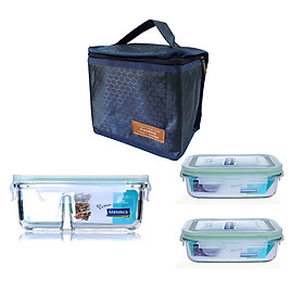 Mua Bộ hộp cơm thủy tinh chịu lực Glasslock (2x400ml + 670ml chia ngăn) Kèm túi giữ nhiệt