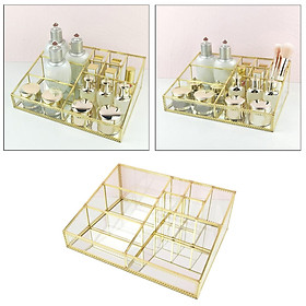 Luxury Glass Box Clear Glass Gold Tone Metal Jewelry Storage Case Cosmetic Makeup Lipstick Holder Organizer, 9 Compartments