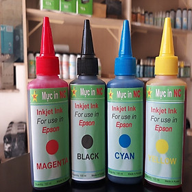 Mua Bộ 4 chai in phun cho Epson màu chuẩn  bảo vệ đầu phun. Là mực nước nạp  bơm cho máy in Inkjet Ink Epson gồm 4 màu: Xanh  đỏ  vàng  đen  mỗi màu 100ml  chính hãng NC
