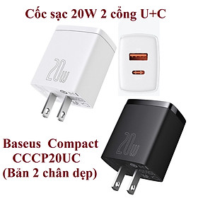 [USB+Type-C] Cốc sạc 20W 2 cổng C+U Baseus Compact CCCP20UC - Hàng chính hãng - Đen