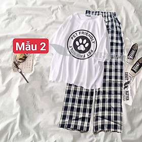 sét bộ áo tjun hình cute 5 + quần kẻ ống rộng 5324