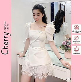 Váy nữ công sở màu trắng tay phồng cổ vuông chéo vạt chân ren cách tân đẹp Cherry Store V014