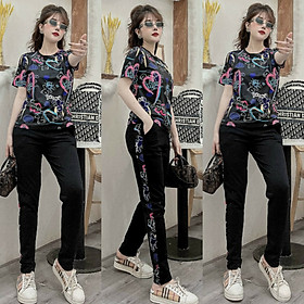 Bộ thun cotton lạnh họa tiết in 3D Tim kí tự