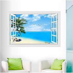 Decal trang trí khung cửa sổ 3D cảnh biển xanh - Dừa lớn và đàn Cò trắng
