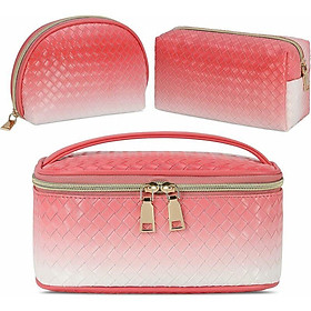 Túi đựng mỹ phẩm nữ công suất lớn với túi mỹ phẩm với PU Pock Pocket Trang điểm Du lịch 3 -Piece Túi màu hồng