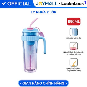 Ly nhựa 2 lớp có tay cầm 890ml LocknLock màu xanh tím HAP538BLU, Hàng chính hãng, họa tiết dễ thương, kèm ống hút silicone - JoyMall