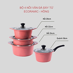 Bộ 4 Nồi Đá Đáy Từ V-Line Ecoramic Hàn Quốc Size 18-20-22-24 Cm | Đúc Nguyên Khối | Cam Kết Chính Hãng