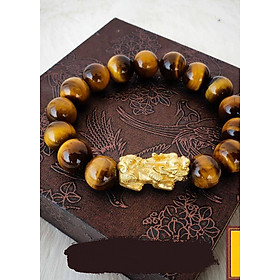 Vòng Tay Nam Đá Mắt Hổ Nâu Tỳ Hưu Mạ Vàng 24k