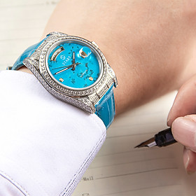 【START】Đồng hồ nam đá ngọc lam tự nhiên（Turquoise）đồng hồ kim cương chức năng hiển thị thứ ngày  đồng hồ cơ tự động dây da cá sấu Khóa bướm
