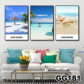 Tranh treo tường canvas 3 bức phong cách hiện đại Bắc Âu 177, tranh biển xanh tượng trang trí phòng khách, phòng ngủ