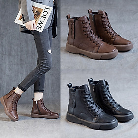 GIÀY BOOT CỔ THẤP NỮ XUÂN THU ĐÔNG CHẤT LIỆU DA BÒ CAO CẤP - Màu đen - 38