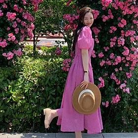 DONGSHOP Mùa hè hồng màu đỏ bong bóng tay áo đầm nàng tiên thiết kế cảm giác trà nhỏ nghỉ Pháp váy dài