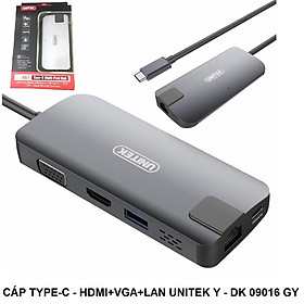 Bộ chia/ Hub Type-C - HDMI +VGA+LAN Unitek Y-DK 09016 GY - HÀNG CHÍNH HÃNG