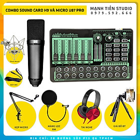 Combo thu âm, livestream Micro AQTA U87-Pro, Sound card H9 bluetooth 2021 - Kèm full phụ kiện kẹp micro, màng lọc, tai nghe, giá đỡ ĐT - Hỗ trợ thu âm, karaoke online chuyên nghiệp