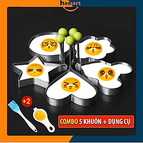 COMBO 5 Khuôn Chiên Trứng Rán INOX Kèm Dụng Cụ Khuôn Tạo Hình Làm Bánh Trang Trí Đồ Ăn Tiện Lợi - Bộ 5 Khuôn Trứng & Dụng Cụ