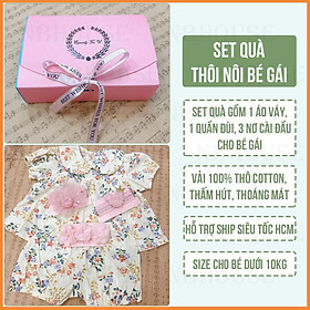 Set Quà Tặng Thôi Nôi Cho Bé Gái Gồm 1 Áo Váy, 1 Quần Đùi, 3 Nơ Đầu