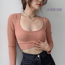 Áo Croptop Nữ Ôm Body Tay Dài Cổ Vuông Khoe Eo LA BOUTIQUE