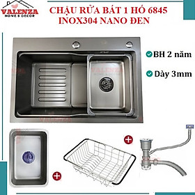 Hình ảnh Chậu rửa bát 1 hố 6845 Valenza inox 304 nano đen dày 3li kèm khay đựng, bộ xả, rổ lnox lỗ-Hàng đẹp