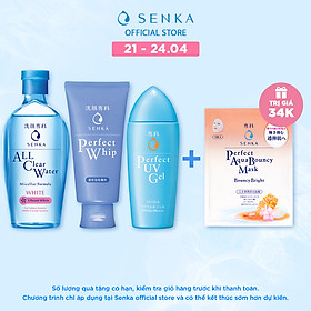Bộ sản phẩm Senka làm sạch và chống nắng dành cho mọi loại da (Tẩy trang Senka White 230ml + Sữa Rửa Mặt Senka Whip 120g + Gel chống nắng Senka UV Gel 80ml)