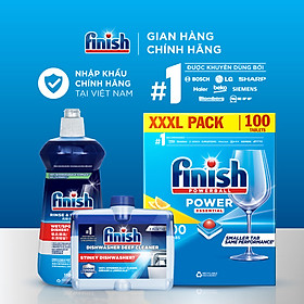 Combo Finish tiện lợi 1:Hộp 100 Viên Rửa Bát Finish Essential+ Nước Làm Bóng 500ml+ Dung Dịch Vệ Sinh Máy 250ml
