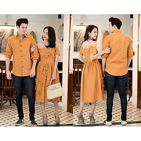 váy áo đôi màu vàng, áo váy chụp hình cưới nam nữ, sét đồ đi biển du lịch
