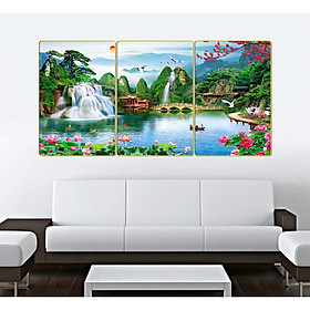 Bộ tranh treo tường trang trí phòng khách, phòng ngủ SƠN THỦY HỮU TÌNH 3 tấm chất liệu pvc gương hoặc mica gương:1713L10