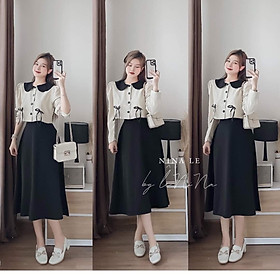 SÉT CHÂN VÁY KÈM ÁO TAY DÀI PHỐI BÈO CỔ CÀI NÚT THẬT XINH LUNG LINH
