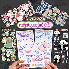 SET 6 Tờ 90 Nhãn Dán Sticker Thỏ Gấu Chuột PET Trong Suốt Cute Không Thấm Nước Trang Trí Dễ Thương - SET 6 Tờ Thỏ & Gấu