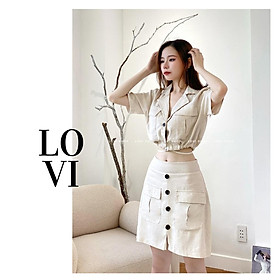 Set áo sơ mi croptop cổ vest cột dây chân váy chữ A chất linen thô phong cách Hàn Quốc 6 màu