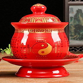 Chum, Ly Nước Sứ có đế ,có nắp-chân cao(Bát Quái) 7.2*9.6*11.5cm