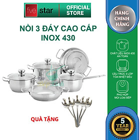 Bộ Nồi Chảo 3 Đáy Từ Inox 430 cao cấp Fivestar Standard 5 món (1 Quánh 18cm, 2 Nồi 20cm-24cm, 1 Chảo 24cm và 1 Xửng 24cm) , tặng 5 muỗng