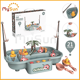 Bộ bể câu cá đồ chơi NHẠC NƯỚC cho bé bằng nhựa ABS 2 tầng tặng Pin - Xanh Lam - 3 cá 3 vịt