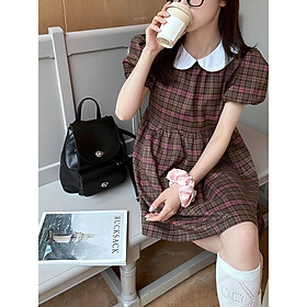 SHUANGYAN Kiểm tra bong bóng tay áo kiểu Pháp búp bê cổ áo đầm 100 phù hợp với gầy lỏng lẻo ngọt ngào đám đông giảm tuổi ngắn tay áo váy ngắn