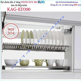 Kệ chén dĩa âm tủ KAG-ED300 -56.5cm, Kệ chén bát chữ V 2 tầng Euro SUS304 khay hứng Inox nước thiết kế đẹp tiện dụng