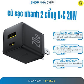 Củ Sạc Nhanh Baseus Palm 20W 2 Cổng C+U PD QC3.0 Dùng Cho iPhone Samsung Pixel Nhỏ Gọn Tiện Lợi - Hàng Chính Hãng