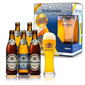Combo 5 chai bia Đức Weihenstephan 500ml ( 3 Hefeweissbier + 2 Dunkel) + 1 ly