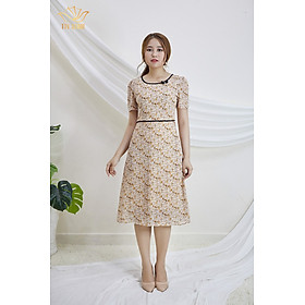 Đầm thiết kế cao cấp TTV503 Kem viền đen - Đầm from A cổ tròn AN