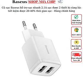 Củ sạc Baseus hỗ trợ sạc nhanh 2.1A sạc được 2 thiết bị cùng lúc tiết kiệm được 20-40% thời gian sạc - Hàng chính hãng