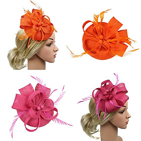 2pcs Race Wedding Cosplay Womens Feather Pillbox Hat Fascinator Derby Party Headband 20s Gatsby Headpiece, Orange+Rose Red