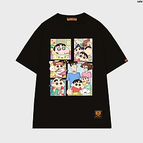 Áo thun unisex bé Shin cậu bé bút chì gia đình Shin Chan và Bạch Tuyết vui nhộn - Đen